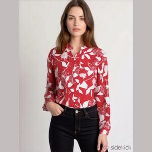 VTG‎ Yi Lin 100% Silk Blouse Woman's Medium Mandarin Collar Sequins Red White